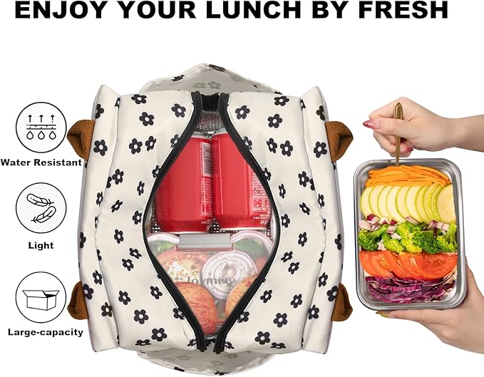 Joymee Lunch Bag Women Insulated Lunch Box Reusable Leakproof Large Spacious Cooler Tote for Women Men Adult with Bottle Holder and Side Pockets for Work Office Travel Picnic - Black Little Floral