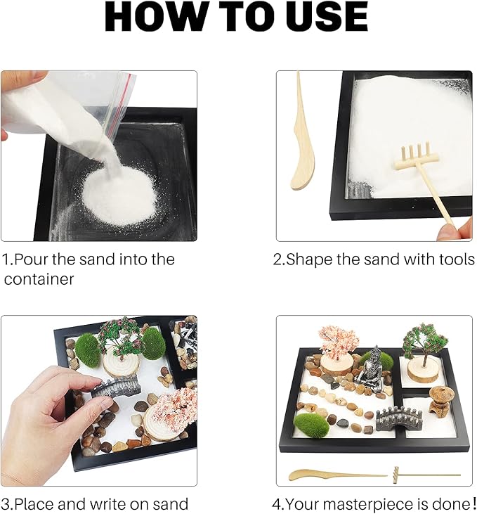 Japanese Zen Garden for Desk - Sakura Budah 9" x 7" Desktop Mini Zen Garden with White Sand Artificial Bonsai Tree Rocks Rakes & Accessories - Meditation Zen Gifts Sand Garden Kit for Office Zen Decor