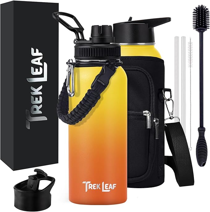 Travel Water Bottle with 3 Lids (Spout, Straw, Flip) Leak Proof, Quality, Vacuum Insulated, Stainless Steel (Sunrise, 32 oz)