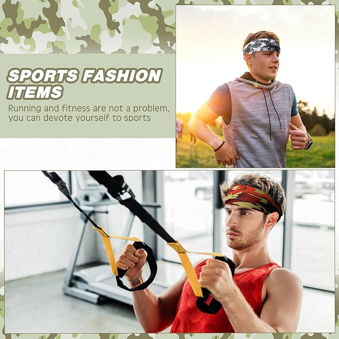 18 Pcs Sports Sweatbands for Men Women Camo Headbands Workout Non Slip Headbands Breathable Head Band Fitness Stretchy Unisex Hairband for Yoga Running Cycling Ball