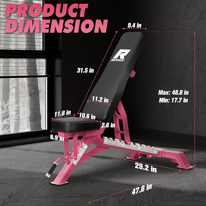 RITFIT Adjustable Weight Bench with Multiple Back Positions for Full Body Workouts, Incline, Decline, and Flat Settings for Home Gym Strength Training, 1300LB Capacity