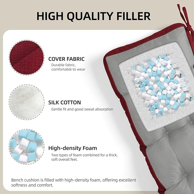 Detiblue Bench Cushion for Indoor Furniture，42x16x4Inch Tufted Bench Seat Cushion with Non-Slip, Comfortable and Durable for Shoe/Entryway/Storage with Cushion（CrossLinen Deep Red）