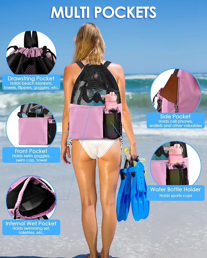 BROTOU Swim Bag Beach Backpack with Wet Pocket Mesh Drawstring Bags for Swimming, Gym