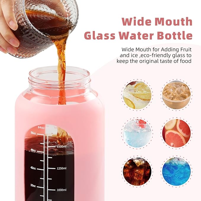 SIEROZUR 74oz Glass Water Bottle with Straw and Lid Large Gallon Water Jug with Silicone Sleeve and Handle 2.2 liter Wide Mouth Bottle with Time Marker for Gym Sports& Workout