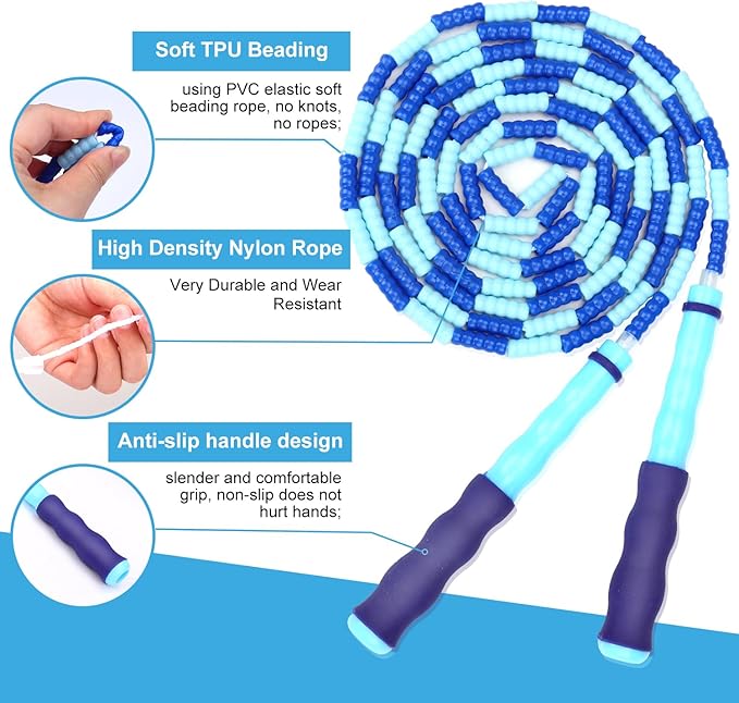 GRAWUN Jump Rope For Kids, Soft Beaded Jump Rope, Adjustable Length Tangle-Free Segmented Soft Beaded Skipping Rope，for Women, Men and Kids Keeping Fit, Workout and Weight Loss