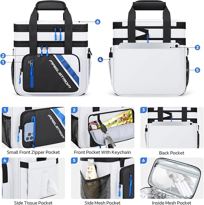 Maelstrom Lunch Box, 20L Insulated Lunch Bag for Men Women, Expandable Double Deck Leakproof Cooler Bag with 6 Pockets, Reusable Lunch Tote Bag for Work, Picnic, Travel, White