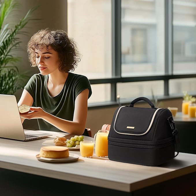 Everfun Expandable Lunch Box for Women with Container, Double Deck Lunch Bag Insulated Leakproof Large Cooler Bag with Adjustable Strap