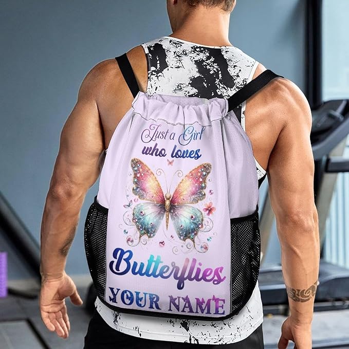 Custom Butterfly Drawstring Backpack - Cute Cinch Sack, String Backpacks with Pocket for Kids Boys Girls Women Men for Gym Outdoor Sports Travel Athletic Drawstring Bag - Lightweight/Foldable