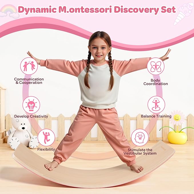 Balance Board Kids, 35 Inch Natural Wooden Wobble Balancing Board for Open Ended Learning, Toddler Rocker Board with Non Slip Felt Yoga Curvy Board for Adult Boys Girls M.ontessori-Inspired