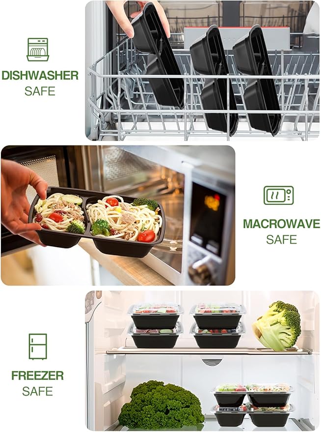 60 Sets 32oz Meal Prep Containers 2 Compartment - Plastic Food Storage Containers 2 Compartments with Lids