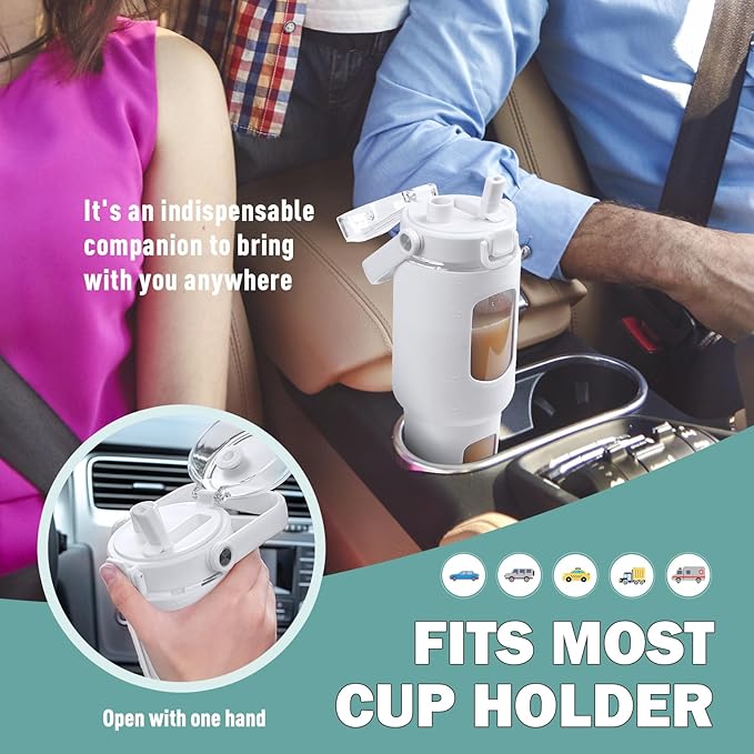 BLUEGO 40 oz Glass Water Bottles with Straw Time Marker, Glass Tumbler with Handle Top Lids, Easy to Clean, Fits in Car Cup Holder, Leakproof Jug for Gym, Sports, Workout & Daily, White