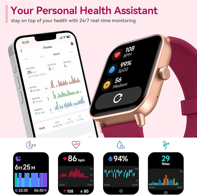 aeac Smart Watch, Alexa Built-in, Stable Bluetooth Call, Fitness Tracker with Heart Rate/SpO2/Stress/Sleep Monitor, Smartwatches for Women 110+ Sports, IP68 Waterproof Smartwatches for iOS Android