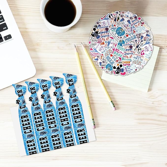 Cheerleading Drawstring Bag Set Including Drawstring Sackpack Stickers Lanyard Keychains Bracelets Hair Ties 6 Pcs