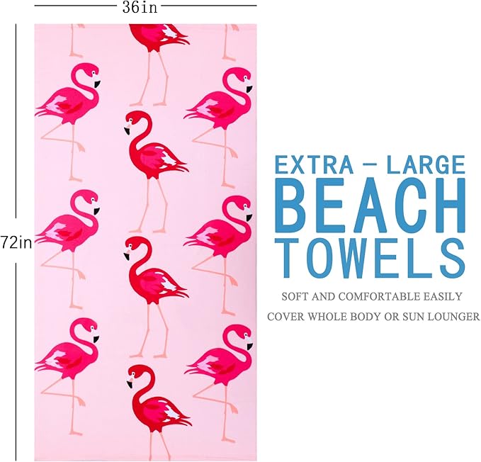 Genovega 2 Packs Oversized Beach Towel Set 36 x 72 in Large Big Pool Camping Swim Clearance Soft Towels Travel Essentials Accessories Must Haves Vacation Adult Necessities Gifts Seashells Flamingo