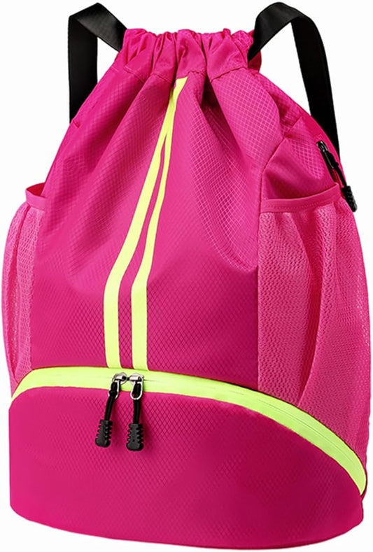 Hoedia Sports Drawstring Backpack - String Swim Gym Bag with Shoes Compartment and Wet Proof Pocket for Women&Men