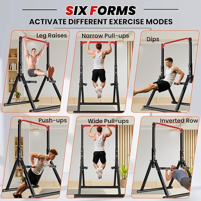 DOBESTS Foldable Power Tower Pull Up Bar Dip Station Adjustable Multifunction Workout Pull Up Tower Station Gym Strength Training Equipment for Home Outdoor, Triangular Legs, Support 700lbs