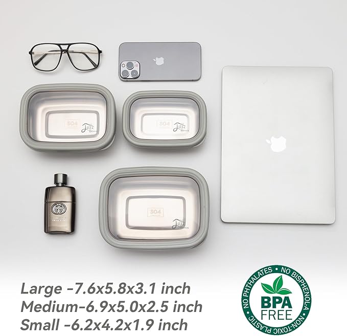 Lille Home Leak Proof Salad Container Stainless for Lunch - Snack Containers Steel - Ideal for Educational Settings & Daycare - Nesting Trio with Silicone Lids - 47oz+30oz+16oz - Grey