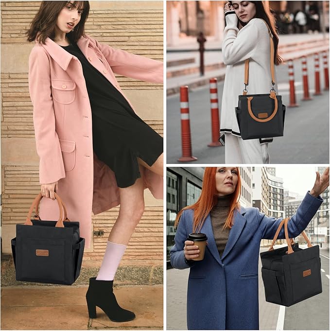 Joymee Lunch Bag Women Insulated Lunch Box with Adjustable Shoulder Strap Large Reusable Leakproof Spacious Cooler Tote for Women Men Adult with Bottle Holder and Side Pockets - Black