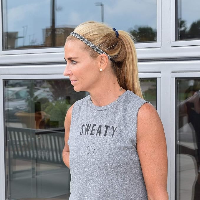 Sweaty Bands Womens Girls Headband - Non-Slip, Velvet-Lined Sparkly Hairband - Bling It Shine On Gunmetal 5/8-Inch