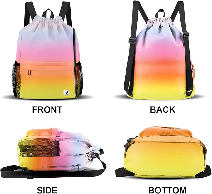 Drawstring Backpack with Mesh Pockets String Gym Bag Sackpack Sandproof Water Resistant Beach Backpack for Men Women