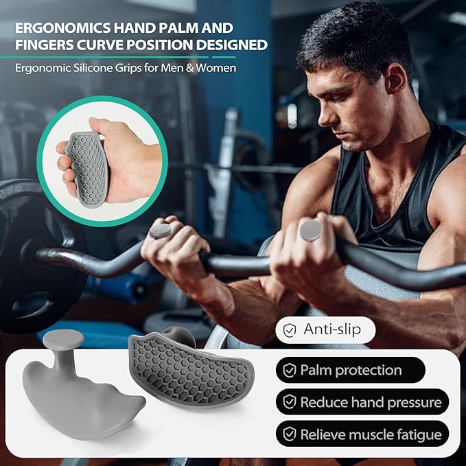 Ergonomic Rubber Gym Grips for Men & Women – Anti-Slip Fingerless Workout Gloves for Weight Lifting, Deadlifts, Pull-Ups, Rows, Barbell, Dumbbell, Palm Protectors for Gym Training