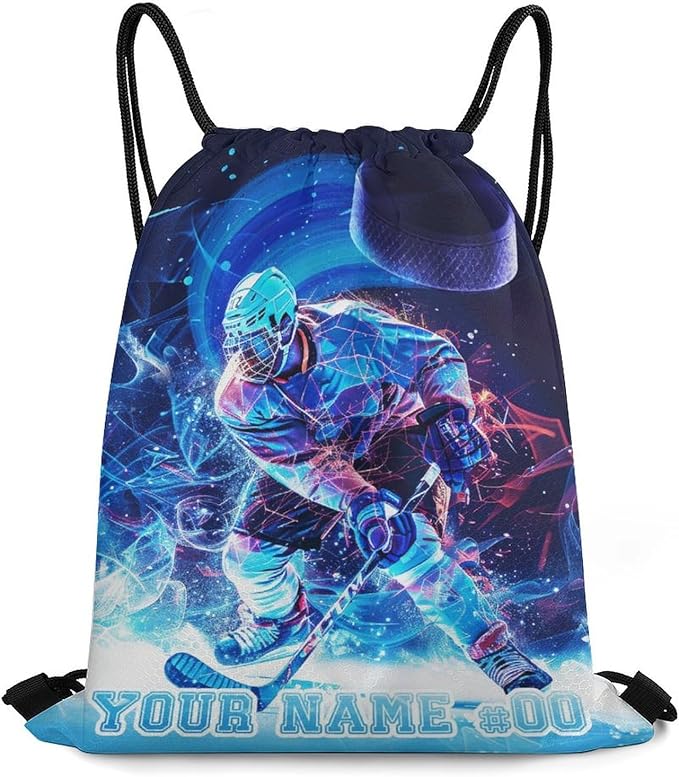 Custom Hockey Drawstring Backpack - Cool Cinch Sack, String Backpacks for Kids Women Men Boys Girls for Gym Outdoor Sports Travel Athletic Drawstring Bag - Lightweight/Foldable