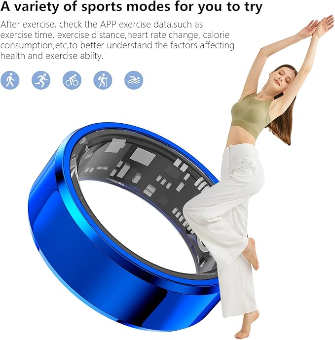 Fitness Tracker Smart Ring,Step Counter,Heart Rate Blood Oxygen Sleep Tracker Health Ring, 6ATM Waterproof Long Battery Life Smart Rings Compatible with iOS & Android （Blue US11）
