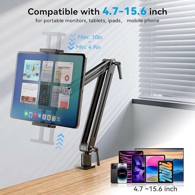 Jakeko Adjustable Tablet Mount for Desk - 360 Degree Rotating Base Tall Arm Holder Stand Swivel Flexible Clamp Soporte para Tablet/Portable Monitor/Ebook