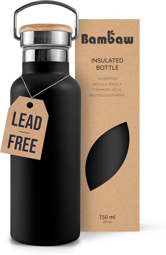 Bambaw 24 oz Insulated Stainless Steel Water Bottle - Jet Black, Leakproof, Dishwasher Safe, Double Wall, Cold 24 Hours