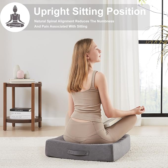 2 Pcs High Density Foam Floor Pillow - Upgraded Large Pillows Seating for Adults - Outdoor Floor Cushion with Soft Tufted Cover - Yoga Pillows for Sitting On Floor - 22 Inch Grey