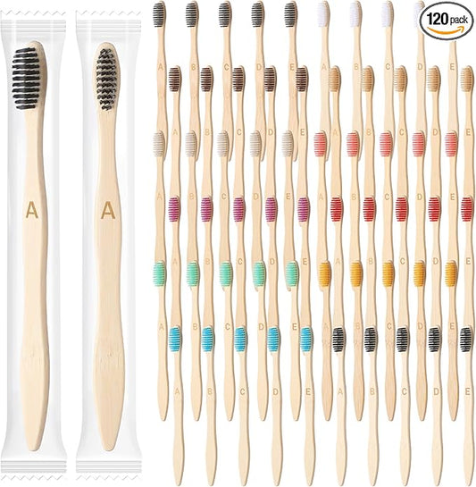 Sieral 120 Pcs 120 Pcs Bamboo Toothbrushes Bulk Soft Bristle Individually Wrapped Travel Toothbrush Eco Friendly Natural Wooden Tooth Brush for Kid Adult Home Travel Use, 7.5 Inch, 12 Colors (Letter)