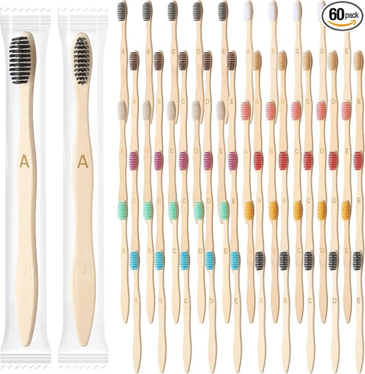 Sieral 60 Pcs 120 Pcs Bamboo Toothbrushes Bulk Soft Bristle Individually Wrapped Travel Toothbrush Eco Friendly Natural Wooden Tooth Brush for Kid Adult Home Travel Use, 7.5 Inch, 12 Colors (Letter)