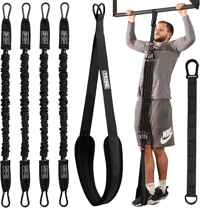 Pull Up Assistance Bands Set - 4 Heavy-Duty Pull Up Bands, Height Adjustable Strap & Comfortable Foot Strap - Stackable Pull Up Resistance Bands for Pull Ups