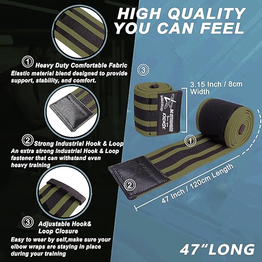 Elbow Wraps for Weightlifting, Bench Press, Cross Training & Powerlifting for Men and Women - 47" Nylon (1 Pair) Elbow Straps - Increases Stability of Joints and Supports Injury Recovery