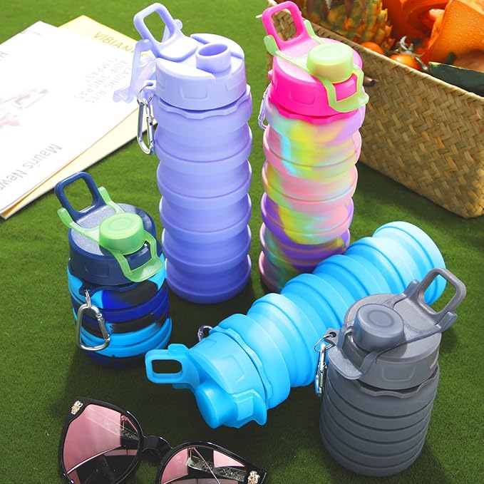 CHENGU 5 Pcs Collapsible Water Bottles 16 oz Portable Foldable Water Bottles Silicone Leak Proof Travel Water Bottle Reusable Sports Water Bottle with Metal Clip for Camping Hiking Travel (Colorful)