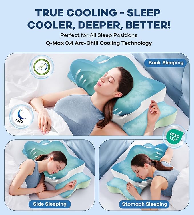 Cervical Pillow for Neck Pain Relief -Cooling Ergonomic Memory Foam Pillow with Ice Silk Pillowcase, Dual-Height Orthopedic Support Contour Pillow for Side/Back/Stomach Sleepers, CertiPUR-US Certified