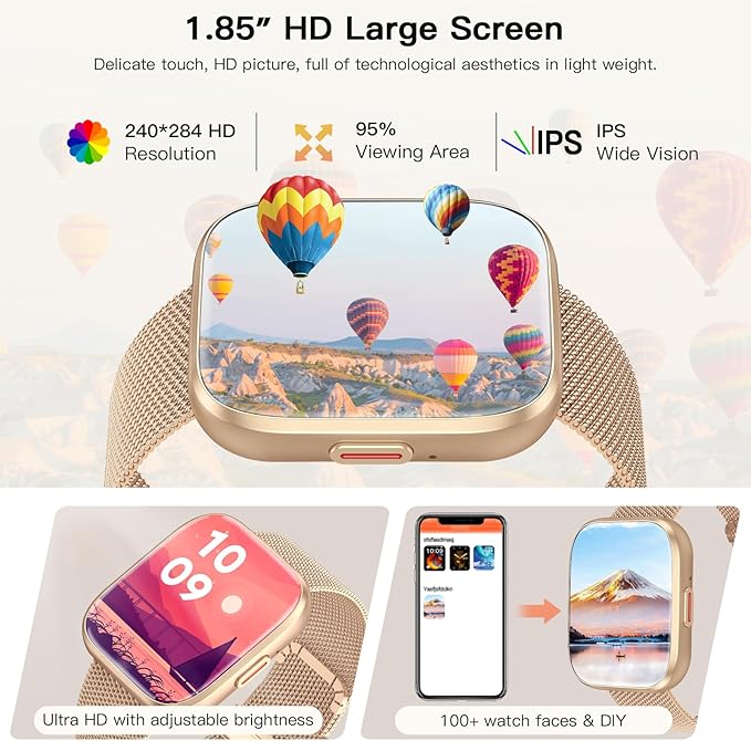 Smart Watches for Women, 1.85" Fitness Watch Answer/Make Calls, Fitness Tracker with Pedometer/Calories, 24/7Heart Rate/SpO2/Sleep Tracker, Waterproof Smart Watch for Android iPhone(2 Straps)