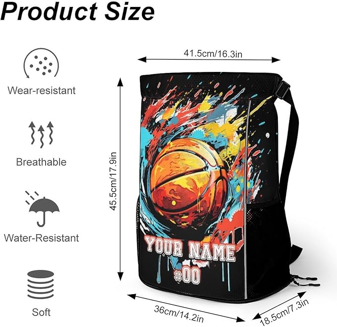 Custom Basketball Drawstring Backpack - Cool Cinch Sack, String Backpacks with Pocket for Kids Women Men Boys Girls for Gym Outdoor Sports Travel Athletic Drawstring Bag - Lightweight/Foldable