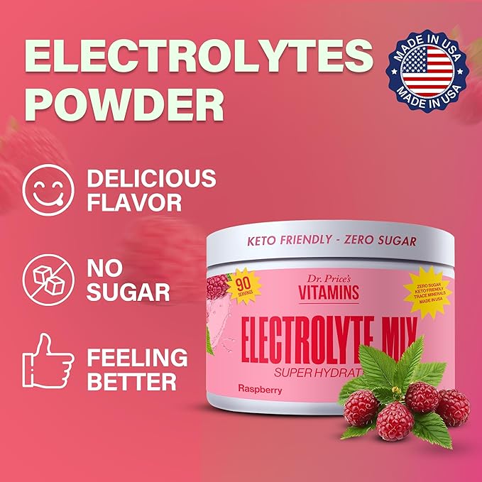 Dr. Price’s Electrolyte Mix | Sugar-Free Hydration Powder with 72+ Trace Minerals | No Sugar, Fast-Dissolving Electrolytes Powder Packets | Raspberry, 90 Servings
