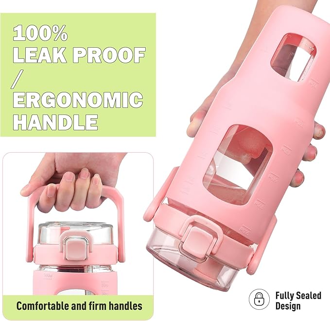 BLUEGO 32oz Glass Tumbler with Lid and Handle, Iced Coffee Cup with Straws, Glass Water Bottle with Silicone Sleeve and Volume, Marker Glass Cup with Time Marking, BPA Free, Pink