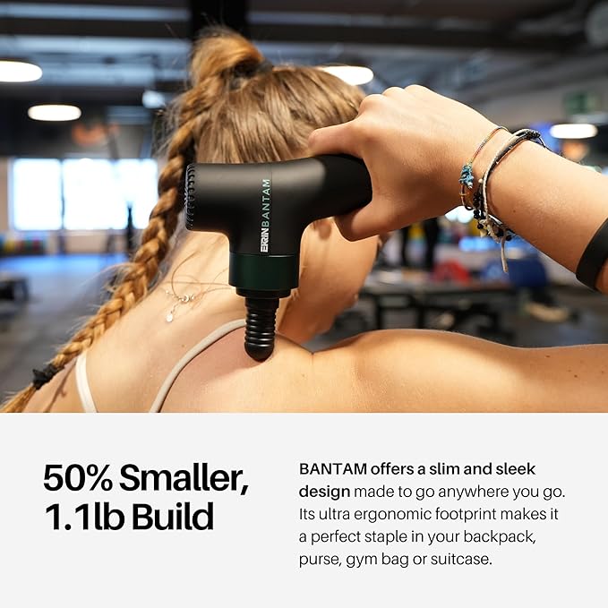 Ekrin Athletics Bantam Mini Massage Gun - Compact Deep Tissue Muscle Massager with Adjustable Speeds & 4 Attachments - Long Battery Life, Lightweight, Travel Friendly