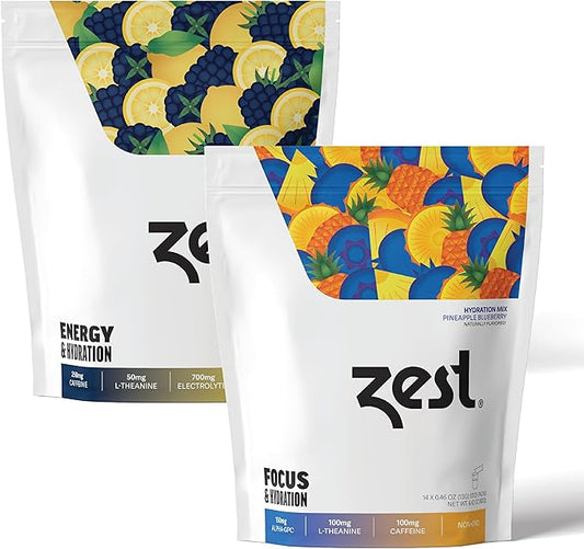 Zest Hydration Electrolyte Powder - Variety Pack - Mix w/Water - 28 Travel Packets - Low Sugar Supplement - Recovery, Energy, & Focus Drink - IV Pillars of Liquid Rehydration incl Salt & Potassium