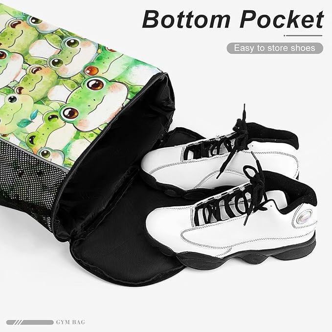 Frog Drawstring Backpack - Cute Cinch Sack, String Backpacks with Pocket for Kids Women Men Boys Girls for Gym Outdoor Sports Travel Athletic Drawstring Bag - Lightweight/Foldable