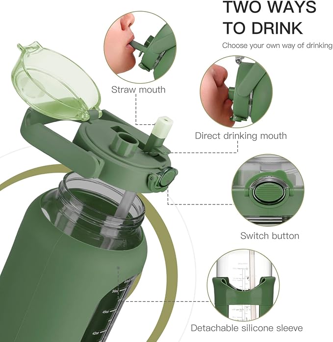 42oz/52oz/64oz Glass Water Bolttles with Straw Half Gallon Large Motivational Water Bottle with Time Marker Sports Water Bottles with Silicone Sleeve and Handle Lid Water Jug for Gym Workout