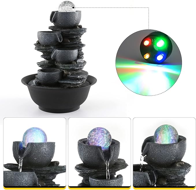 Dyna-Living Tabletop Water Fountain Indoor Waterfalls Fountains with Colored LED Light Decorative Tabletop Fountain with Automatic Pump