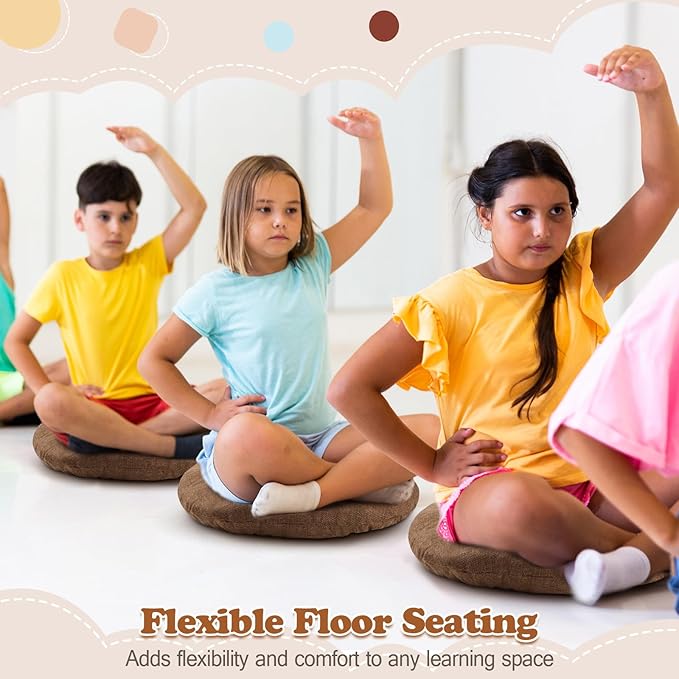 Fumete 8 Pcs 16 Inch Round Floor Cushions for Kids and Toddlers, Flexible Seating Classroom Furniture Floor Pillow for Home, Daycare, Preschool, Yoga and Meditation (Brown)