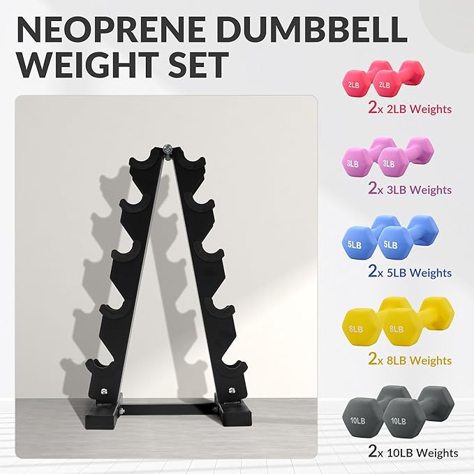 Neoprene Dumbbell Set for Women 2-5 lb | 3 Pairs Hand Weights Set with Rack, Hex Anti-Roll, Color-Coded Home Gym Gifts