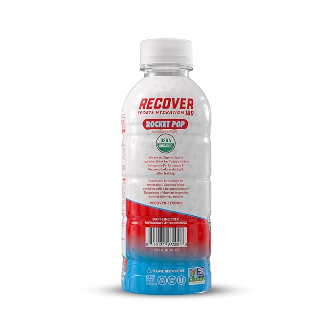 RECOVER 180 Organic Sports Hydration Drink, No Sugar Added, 20 Calorie Sports Beverage, Organic Flavors With Vitamins, Potassium-Packed Electrolytes (16.9 Fl Oz (Pack of 12), Rocket Pop)