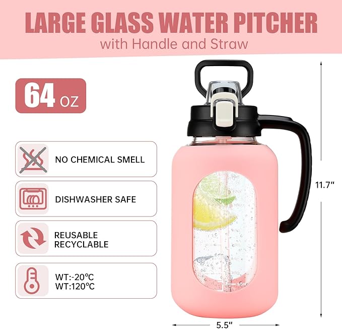 64 oz Glass Water Bottle with Straw and Handle Half Gallon Water Jug with Silicone Sleeve Large Water Bottle for Office, Gym, Outdoor Sports