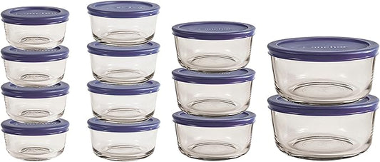 Anchor Hocking 26 Piece Glass Storage Containers with Lids (13 Glass Food Storage Containers & 13 Navy Blue SnugFit Lids)